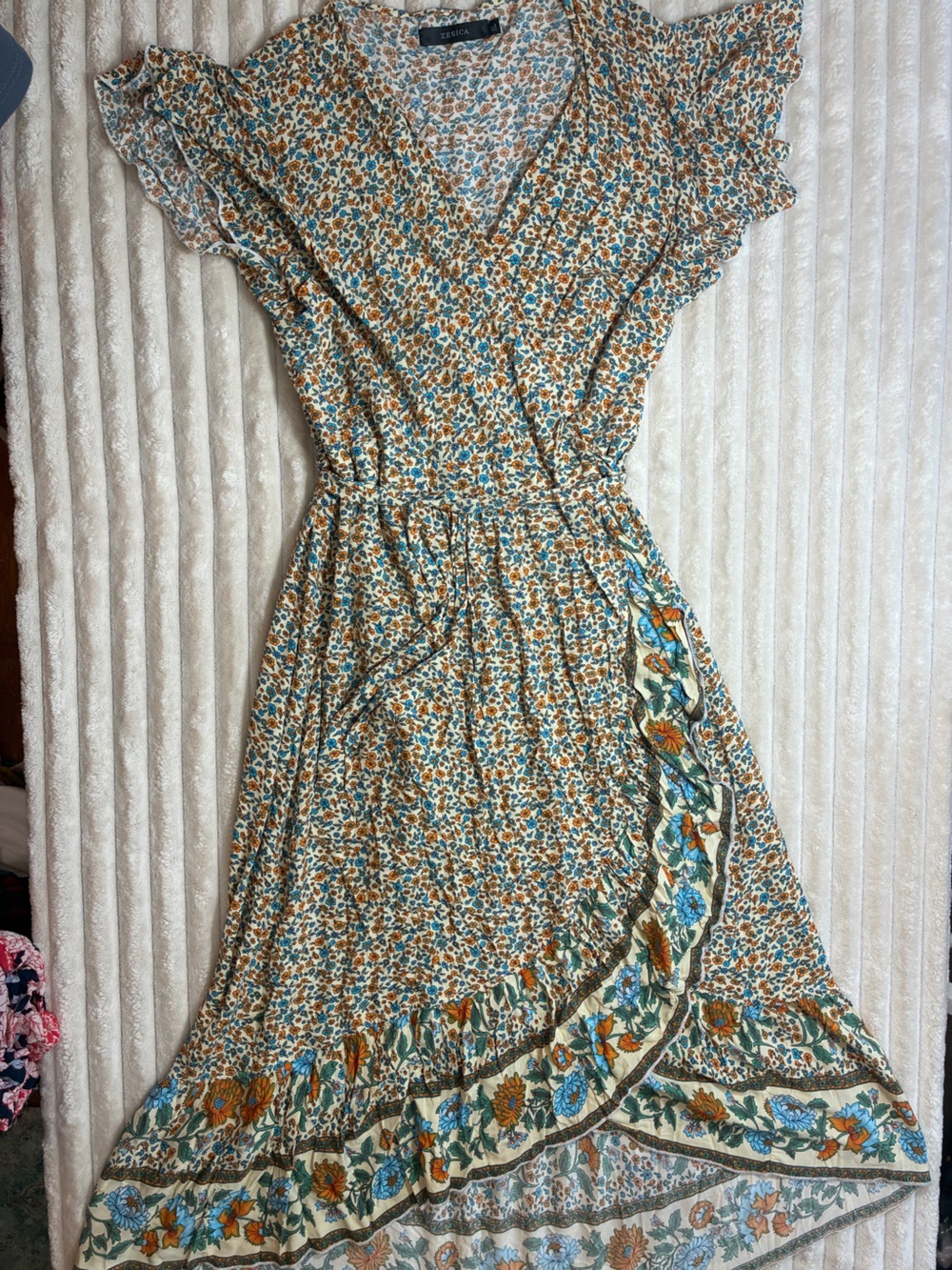 Zesica Floral Wrap Midi Dress Cream Blue Orange XL GUC
